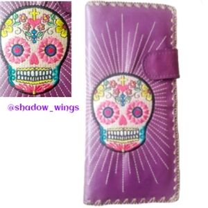 Lavishy Embroidered Sugar Skull Billfold / Floral Purple Skull Flat Wallet